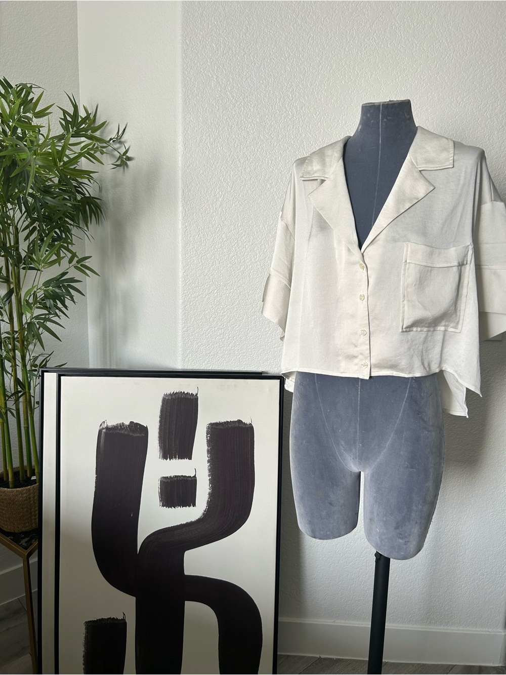 Light Cream Short-Sleeve Button Front Blouse
